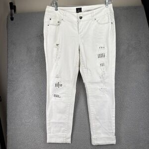 Z Cavaricci Jeans Women 14 White Solid Distressed Studded Cuffed Denim